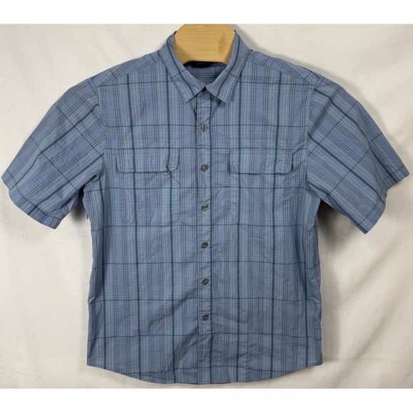 SCOTTeVEST‎ Shirt Mens L Blue Plaid Button Up Short Sleeve Pockets Travel - Picture 1 of 7